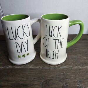 NWT Rae Dunn St Patrick's Day Set Of 2 Tall Beer Mugs Irish Luckyday Shamrocks